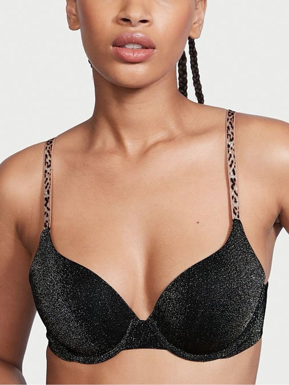 Victoria's Secret Black Shimmer Bra with Leopard-Print Straps Size 38D NWT
